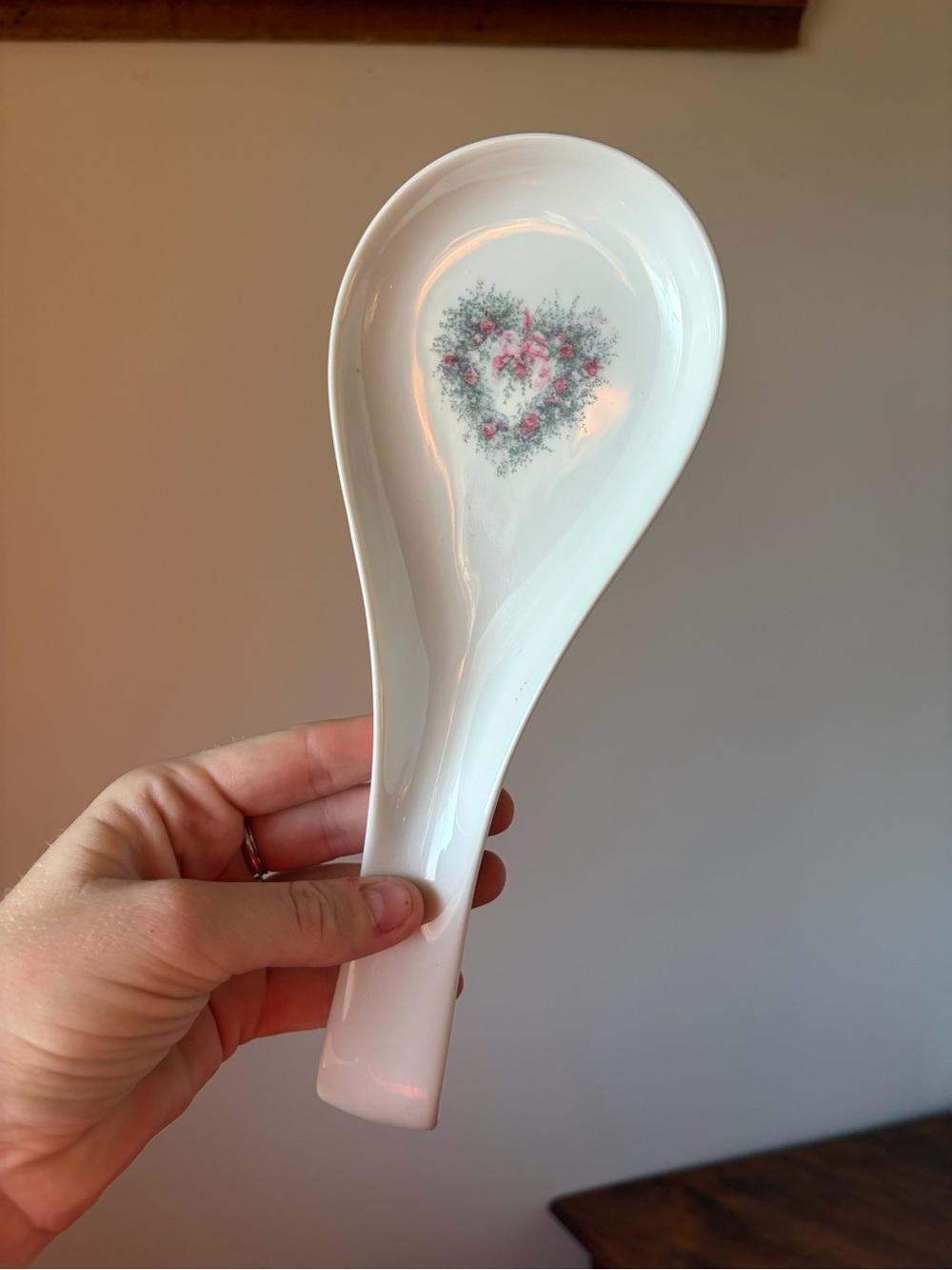 White Ceramic Spoon Rest with Pink Floral Heart Accent